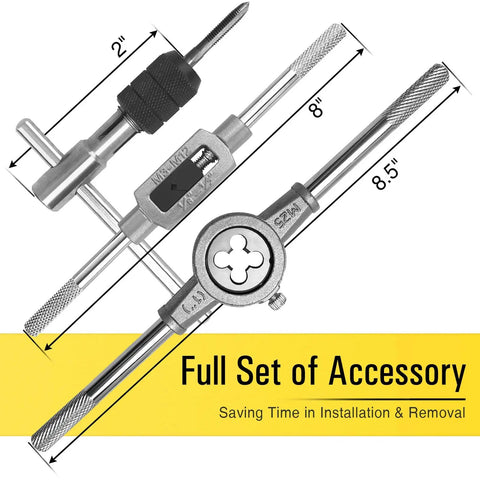 Image of 40 Piece Metric Tap And Die Set With Titanium Coated GCr15 Bearing Steel, T Handle Wrench, Gauge, and Screwdriver.