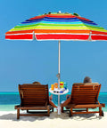 13 Inch Beach Umbrella Table Tray With Cup Holders And Snack Compartments For Beach Patio Or Poolside Use White Finish Fits Poles From 0.98 To 1.5 Inches Adjustable Easy Setup And Mess Free Snacks under colorful umbrella on beach