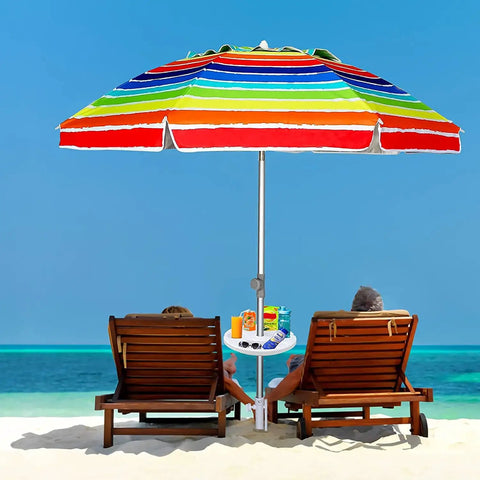 13 Inch Beach Umbrella Table Tray With Cup Holders And Snack Compartments For Beach Patio Or Poolside Use White Finish Fits Poles From 0.98 To 1.5 Inches Adjustable Easy Setup And Mess Free Snacks under colorful umbrella on beach