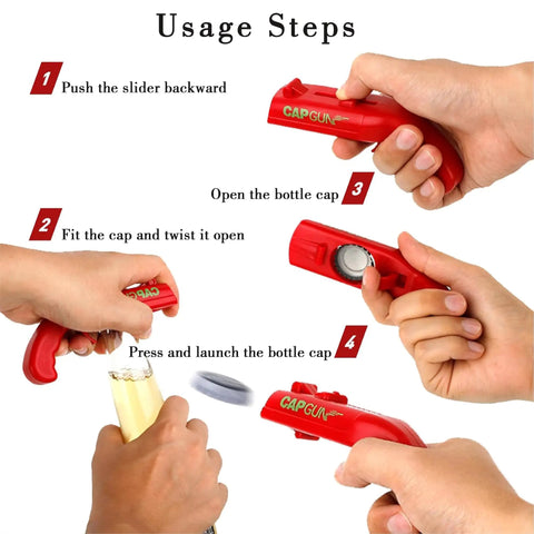 Steps to use Cap Launcher Bottle Opener Gun For Parties And Tailgates, Hilarious Beer Cap Shooter Gadget For Men detailed in images