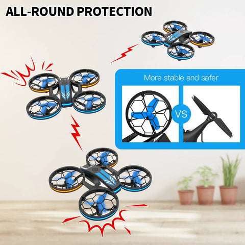 Lit RC Drone With Auto Hover and Headless Mode Quad Copter With LED Lights Full Propeller Guards triple view indoors