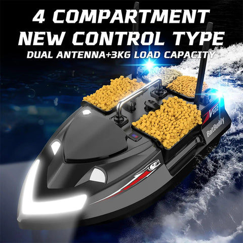 Pro RC Fishing Bait Boat With Four Bait Holders, 1640ft Remote Range, dual antenna, loaded with bait, black model