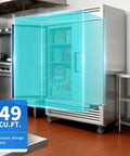 Straight Up Heavy Duty Kitchen Workhorse 54 Inch Commercial Upright Freezer Boasting 49 Cubic Feet Of Reliable Frost Free Storage With Eight Adjustable Shelves in a busy kitchen.