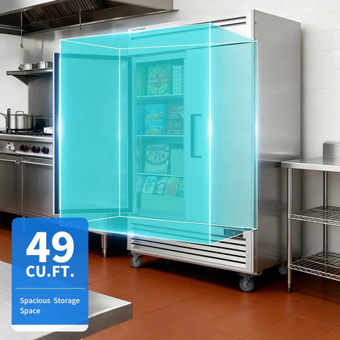 Straight Up Heavy Duty Kitchen Workhorse 54 Inch Commercial Upright Freezer Boasting 49 Cubic Feet Of Reliable Frost Free Storage With Eight Adjustable Shelves in a busy kitchen.