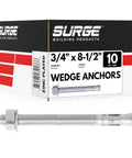 Heavy-Duty 3/4 Inch Wedge Anchors For Concrete And Cement Zinc Plated Rust-Resistant Carbon Steel 8-1/2 Inch Length Box Of 10