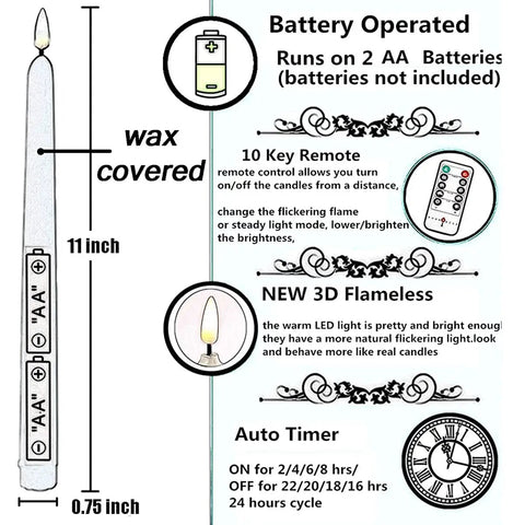 Diagram of 4 Pack Black 11 Inch LED Wax Covered Taper Candles With Remote Flameless Battery Operated Decor; features and dimensions