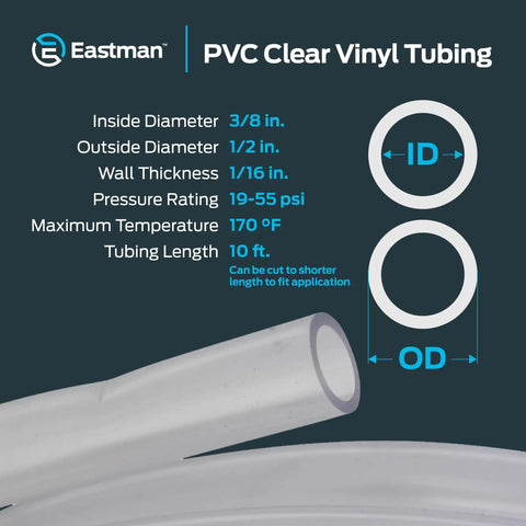Clear PVC Vinyl Tubing 3/8 In ID 1/2 In OD, 10 Ft Long, diagram showing specifications for low pressure transfer applications