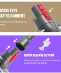 Close-up of Mini Motorized Turbo Brush Head Anti-Tangle Pet Hair Attachment's buckle type and quick release button features.