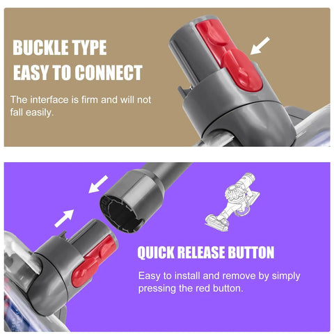 Close-up of Mini Motorized Turbo Brush Head Anti-Tangle Pet Hair Attachment's buckle type and quick release button features.