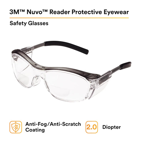 Safety Glasses With Built In Readers Plus 2.0 Diopter For Reading And Eye Protection ANSI Z87 Clear Lens Gray Frame