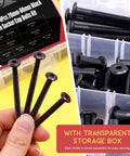 84 Piece M6 Hex Drive Socket Cap Bolts Set With Countersunk Heads in storage box, close-up of 4 bolts held in hand