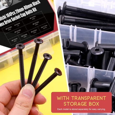 84 Piece M6 Hex Drive Socket Cap Bolts Set With Countersunk Heads in storage box, close-up of 4 bolts held in hand