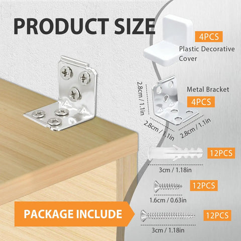 Built To Handle Serious Weight White L Shaped Angle Iron Brackets 4 Pack Heavy Duty Stainless Steel Shelf Mounting Kit showing included hardware and sizes.