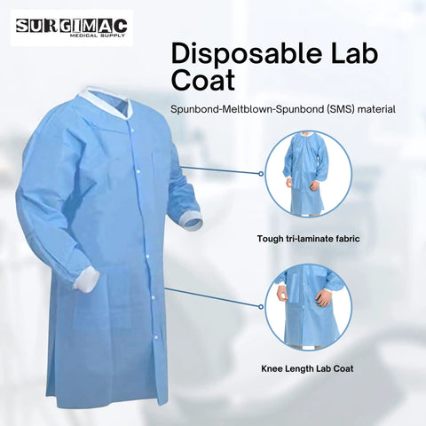 Blue Disposable Lab Coat Knee Length Unisex Chemistry Gown With Sleeves SMS Nonwoven Medical Coat For Laboratory Work Broad Protection Laboratory Coat Large