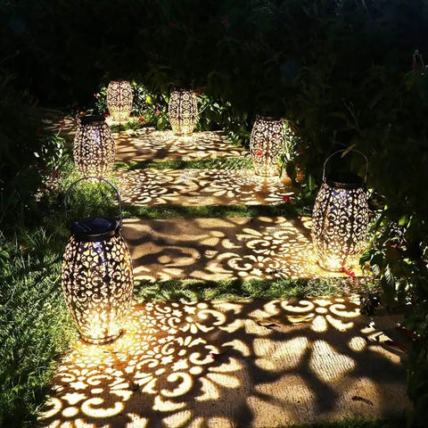 Cool Solar Lantern Lights for Hanging or Table Outdoor Night Glow for Patio Courtyard Garden with unique patterned shadows.
