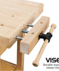 Close-up of the 60 Inch Rubber Wood Workbench With Four Drawers Heavy Duty Portable Wood Work Table showing wooden vise.