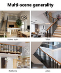 Badass Heavy Duty Undrilled Outdoor Handrail Post With No Hassle Setup And 270 Degree Adjustable Base For Backyard Projects Matte Black Iron Railing Bracket Comes Fully Loaded displayed in multiple indoor stair settings.