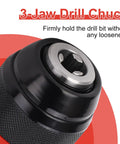 3-jaw keyless drill chuck set for hand drills and impact drivers, stainless steel with 1/2 inch UNF mount, close-up view