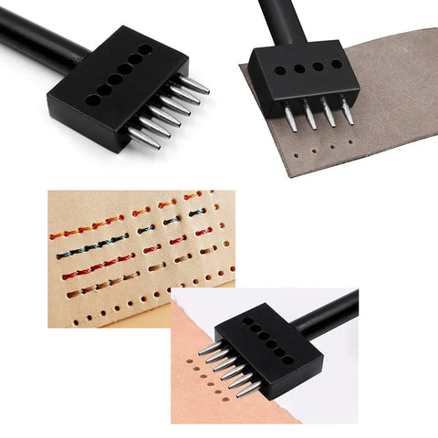 Heavy Duty Leather Hole Punch Tool Set 3 Piece with 6 prong punches in action on leather material.
