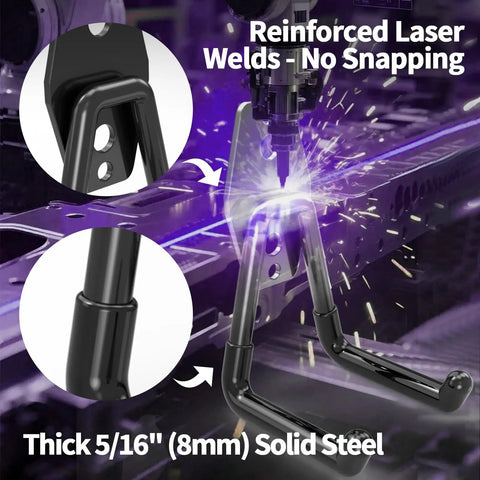 Reinforced laser welding on heavy duty garage hooks 16 pack wall mount storage hangers for power tools, solid steel construction.