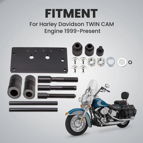 Harley Twin Cam Inner Bearing Installer And Puller Tool Kit for 1999 up models with components and compatible bike visualized.