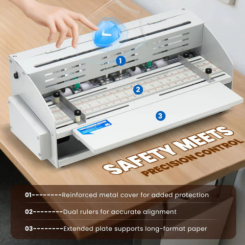 Electric Creasing Machine With Dual Creasing Perforating And Cutting Blades 25 Rpm Paper Creaser Perforator Cutter 470mm with safety features.