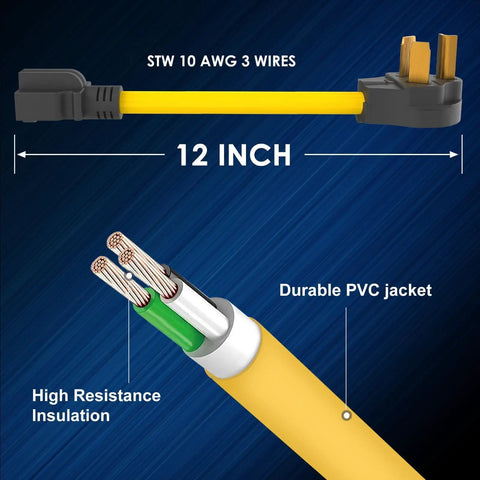 Premium Nema 10 To 6 Adapter For Ev Level 1 Charging Heavy Duty three prong dryer cord, 12 inch STW cable with 10 AWG wires.