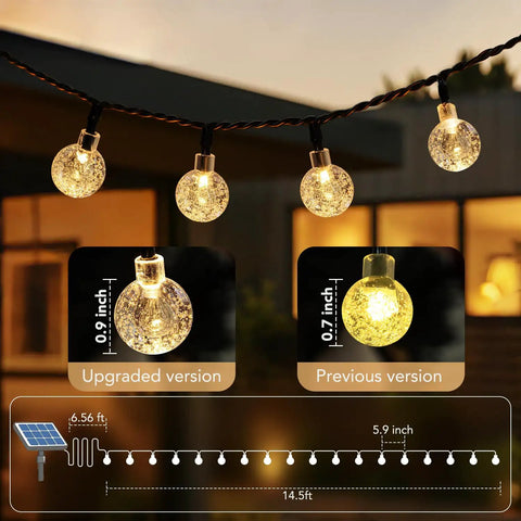 Close-up of Solar String Lights For Outdoor 20Ft 30 LED Crystal Globe Fairy Lights Warm White With 8 Lighting Modes on patio
