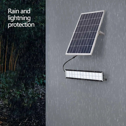 JUDYSSY Solar Powered Street Flood Lights Outdoor Led Waterproof Lamp with Remote Control mounted with solar panel.