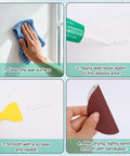 Instructions for All In One Drywall Repair Kit For Holes And Cracks With Mending Agent, scraper, and sandpaper in use.