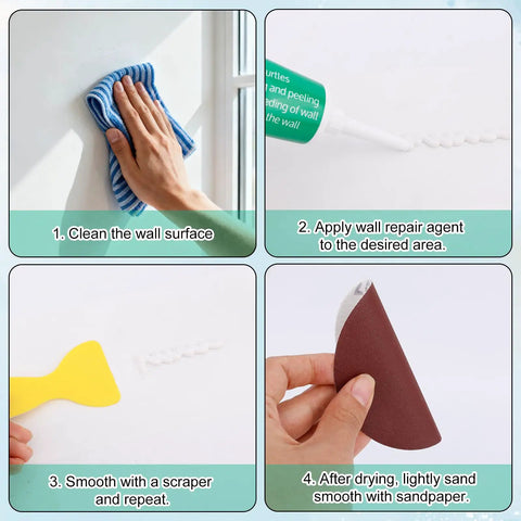 Instructions for All In One Drywall Repair Kit For Holes And Cracks With Mending Agent, scraper, and sandpaper in use.