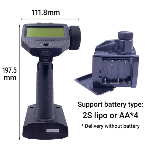 FS G7P Plus FS R11P RC Transmitter dimensions and battery details, 111.8mm width, 197.5mm height, compatible with 2S lipo or AA batteries.