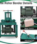 Heavy-Duty Electric Tube Pipe Bender Machine With Round And Square Dies For Metal Fabrication Welding Projects Professional Tool, with copper motor and adjusting rod details.