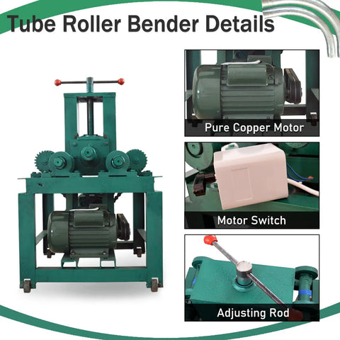 Heavy-Duty Electric Tube Pipe Bender Machine With Round And Square Dies For Metal Fabrication Welding Projects Professional Tool, with copper motor and adjusting rod details.