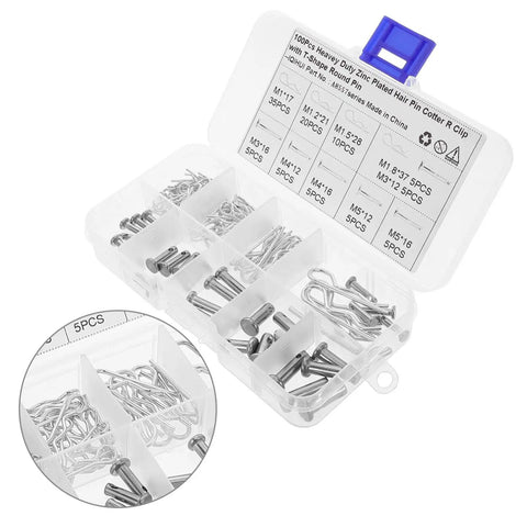 Assorted Safety Cotter Pin Kit 100 Pcs For Quick Install And Easy Removal Carbon Steel Silver Pins Includes Variety Of Pin Types For Auto Hitch Clips Heavy Duty And Rust Resistant Outdoor Ready. Assorted cotter pin kit in organizer box