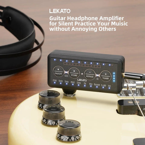 Compact Guitar Headphone Amp With Multi Effects, IR Loader, Tuner, and Rechargeable Battery on guitar body
