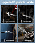 Grease gun kit with pistol-grip handle, flexible hose, quick-release and standard couplers, sharp and needle nozzles.
