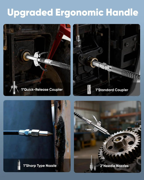 Grease gun kit with pistol-grip handle, flexible hose, quick-release and standard couplers, sharp and needle nozzles.