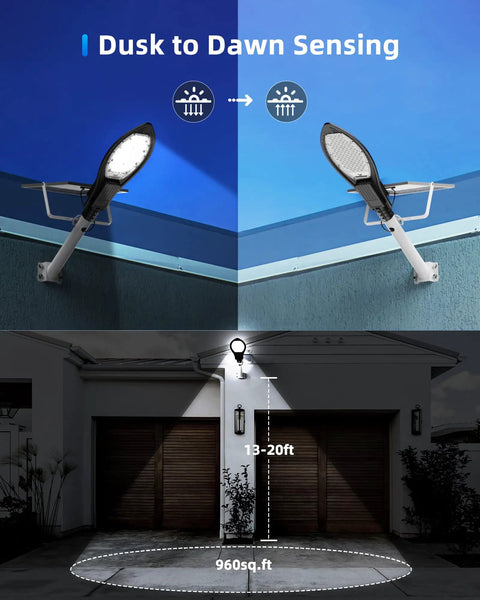 Leaf Shaped Solar Street Light Outdoor Waterproof 500W Dusk To Dawn Lamp mounted above garage illuminating driveway.