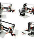 Professional Grade Variable Speed Belt Sander Bench Grinder featuring three 72 inch belts and multiple grinding wheels on a workshop table.
