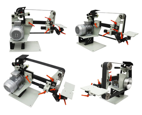 Professional Grade Variable Speed Belt Sander Bench Grinder featuring three 72 inch belts and multiple grinding wheels on a workshop table.