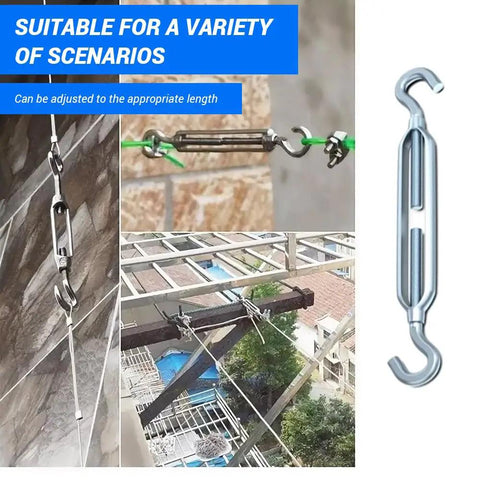 Heavy Duty M12 Galvanized Steel Turnbuckle Hook To Hook Rigging Connector Rust Proof Tension Adjuster Workhorse Grade For Fences And Machinery 3 Pack in use on tensioned cables.