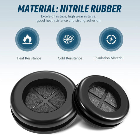 Round Rubber Grommet Kit 52 Pieces In 7 Sizes Black Double Sided Firewall Gasket, showcasing heat, cold, and insulation resistance.