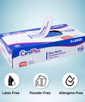 Box of CarePlus Blue Nitrile Examination Gloves, X-Large, 100 count, labeled latex-free, powder-free, and allergens-free.