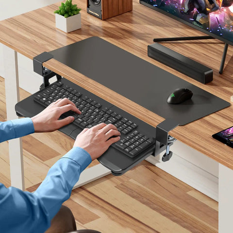 Under Desk Keyboard Tray With C Clamp Mount, Slide Out Keyboard And Mouse Platform, 20 Inch Wide By 11.8 Inch Deep, 24.2 Inches With Clamps, Black, Space Saving DSF1S