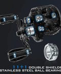 Exploded view of MegaJaws Baitcasting Reel With AutoMag Dual Braking System, showcasing double shielded stainless steel ball bearings.