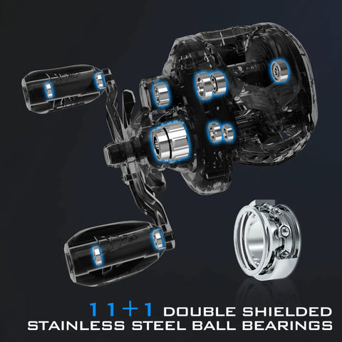 Exploded view of MegaJaws Baitcasting Reel With AutoMag Dual Braking System, showcasing double shielded stainless steel ball bearings.