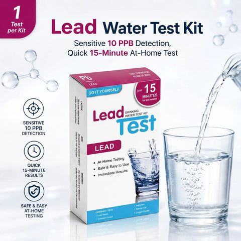 Straight Up Lead Water Test Kit For Tap And Well Water To Check Your Home And Protect Your Fam With 5 Parts Per Billion Detection Sensitivity So You Know What Ya Drinking Is Safe At Home All Year Round, showing the kit packaging and a glass of water.