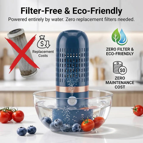 Cordless OH Ion Purifier For Fruit Veggies Meat And Seafood Capsule Shape Cleaner in glass bowl with berries and tomatoes