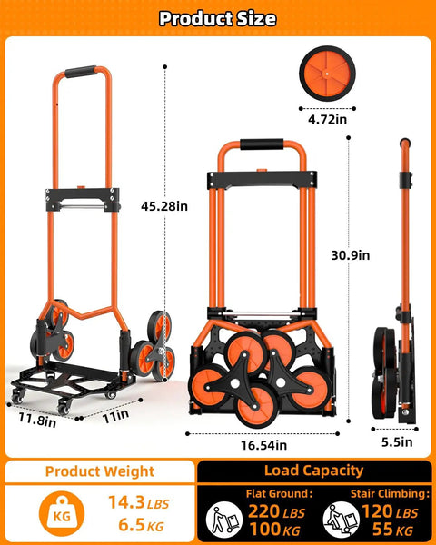 Stair Climbing Dolly With 220Lb Capacity Lightweight Hand Truck Cart With 10 Wheels And Telescoping Handle showing dimensions